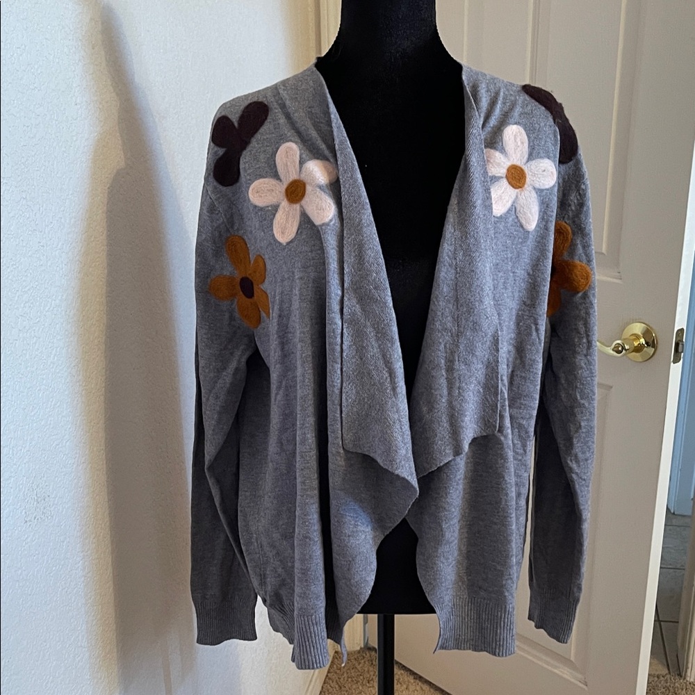 Gray Open-Front Floral Appliqué Women's Cardigan Sweater - Picture 4 of 6